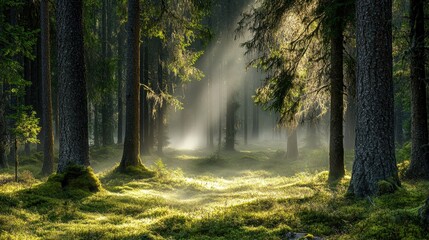 Obraz premium Sunbeams piercing through dense fog blanketing a serene forest floor with dappled light on the mossy ground