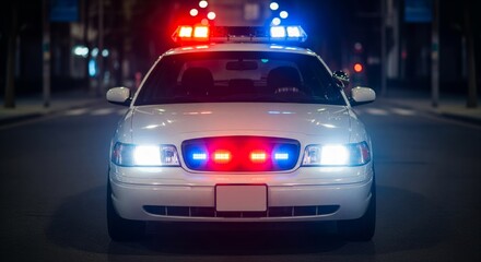 Fototapeta premium Police Car with Flashing Red and Blue Lights at Night