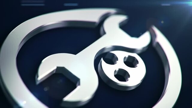 3D wrench emblem, within an arc on a dark gradient background