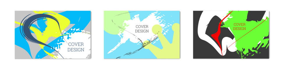 Paint strokes and geometric elements. Set of 3 multi-colored backgrounds. Notebook or notebook cover design