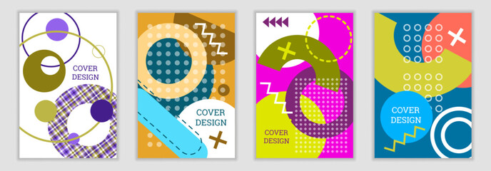 A vibrant Memphis-style background. A set of four geometric cover designs. 
