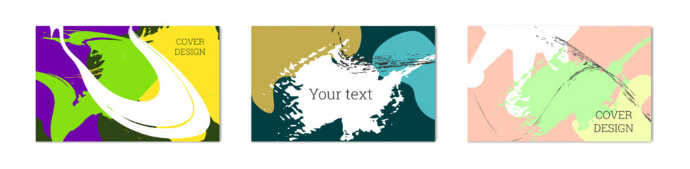 Paint strokes and geometric elements. Set of 3 multi-colored backgrounds. Notebook or notebook cover design. Unusual background.