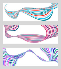 Wavy lines or ribbons. Set of 3 backgrounds. Multicolored striped gradient. Creative unusual background with abstract gradient wave lines to create a trendy banner