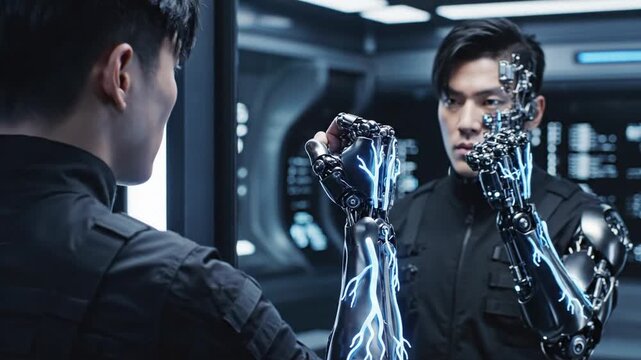 Two scientists in a neon-lit lab compare augmented robotic hands beside holographic displays. glow!!