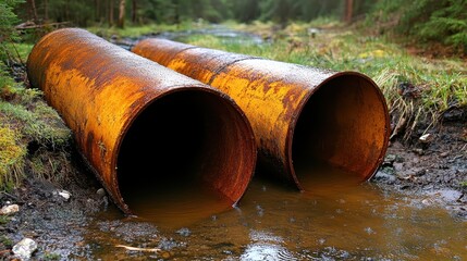 Two large rusty drainage pipes carrying murky water across a muddy ground with vegetation in the background
