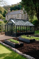 Obraz premium Garden structure stands in an organized outdoor area with raised beds growing plants near a large house on a sunny day in spring