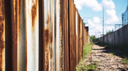 Weathered rusty metal sheeting forms a weathered fence along a dirt path
