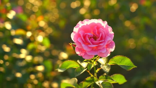 A backlit pink rose is surrounded by blurred golden bokeh and green leaves