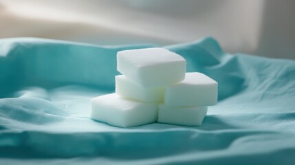 White gauze squares stacked on blue textile background