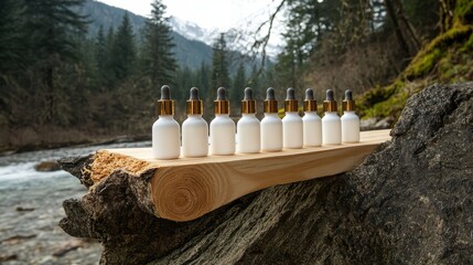 White dropper bottles displayed on a rustic wooden shelf