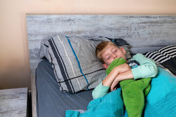 Young boy sleeping in his bed at home, hugging a soft toy, calm and cozy morning routine scene.