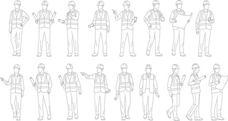 Fototapeta premium Set of Line Art Workers in Safety Gear Holding Tools and Devices, Industrial Workplace Illustration, Front View