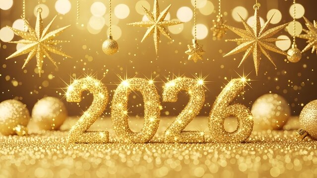 Golden new year s eve celebration with snowflakes and ornaments