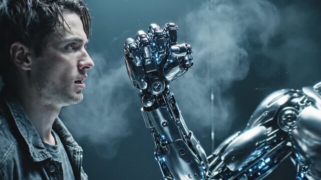 A wary man faces a gleaming humanoid robot in a dark, blue-lit sci-fi confrontation, tense. Quietly