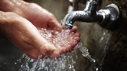 Fototapeta premium Close-Up View of Hands Under Running Water from Metal Faucet in Kitchen or Bathroom Setting
