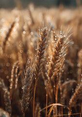 Fototapeta premium Golden Wheat Field Close-up with Dew Drops