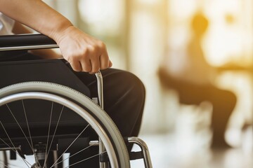 Obraz premium Close up of person in wheelchair holding handle in hospital hallway with sunlight disability and accessibility concept healthcare setting