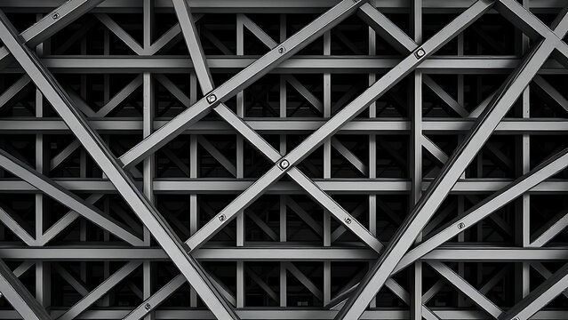 disequilibrium. Structural lattice of intersecting steel I-beams forming a repeating geometric pattern. real-estate listings.