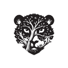 Black and White Jaguar/Panther Head Silhouette with Tree and Leaves