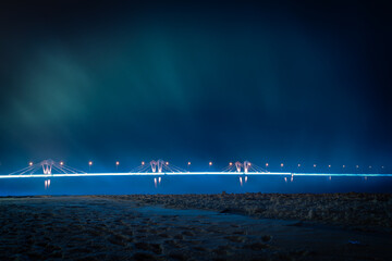 Night view of an illuminated bridge crossing the Zeya River in Blagoveshchensk, Russia