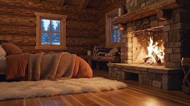 Cozy log cabin living space with stone fireplace, warm bedding, and snow-lit windows, inviting rest!