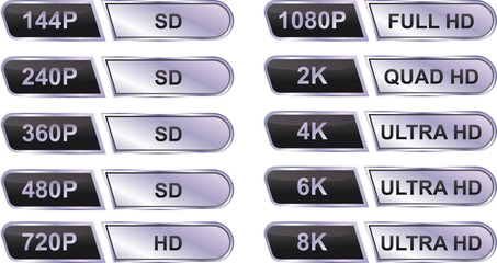 Fototapeta premium Collection of video resolution and quality labels from standard definition to ultra high definition.