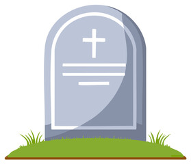 Obraz premium Cartoon Tombstone with Cross on Green Hill Illustration. Grave marker for memorial or requiem remembrance with grass.
