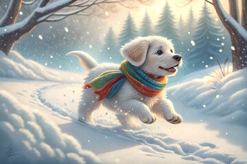 Puppy in scarf running through snow, leaving tiny footprints, sparkling frost