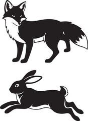 Black Silhouettes of a Fox and a Running Rabbit on White Background hare bunny