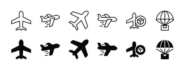 Collection of airplane icons showcasing different styles and functions related to air transportation cargo