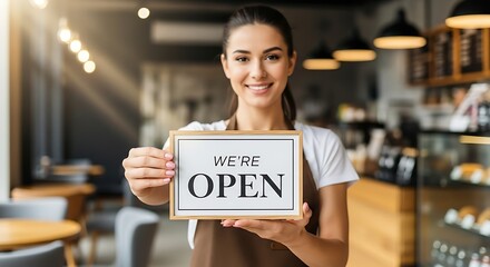 Smiling young woman holding an 'We're Open' sign in a cozy cafe setting