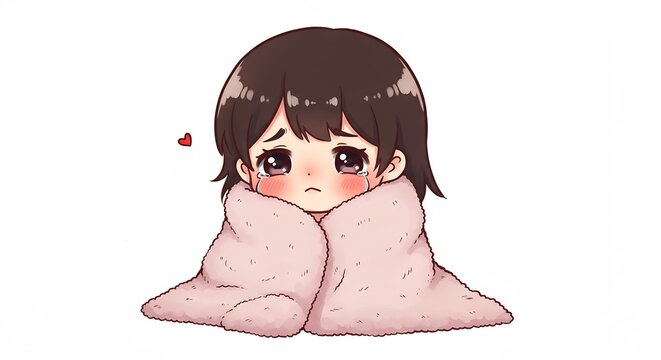 ふわふわピンクの毛布にぎゅっとくるまり寂しげな瞳から涙がこぼれそうな可愛いちび少女 柔らかな光が心に届くような温かい癒し系のデジタルイラストレーション. AI Generated