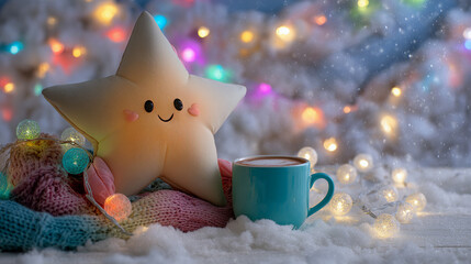 Smiling star pillow and hot cocoa in a cozy winter scene