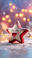 Cute smiling Christmas star ornament in snow with bokeh lights
