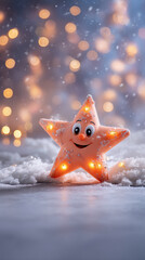 Cute Christmas star character glowing in snow with bokeh background
