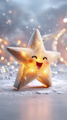 Festive glowing star ornament with a cute smiling face in snow