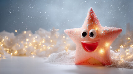 Smiling star character glowing in festive snow with lights