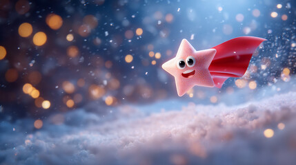 Joyful superhero star flying in a magical sky with bokeh