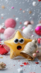 Surprised star character with Christmas bell and ornaments in snow