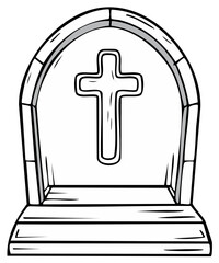 Obraz premium Cartoon Style Gravestone with Christian Cross Symbol Line Art Illustration for Memorial Designs