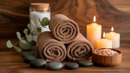 Warm spa setting with rolled brown towels burning candles smooth stones and eucalyptus for relaxation and wellness