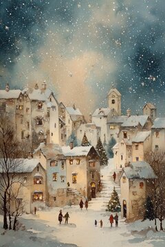 Whimsical winter town with pastel houses, starry sky and glowing Christmas decorations