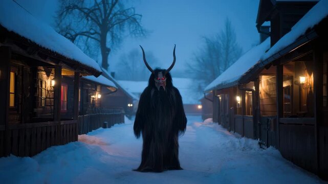 Krampus with towering goat horns standing in a snowy alpine village at dusk, traditional European Christmas demon of Yule folklore, haunting winter streets with eerie glow ancient midwinter mythology