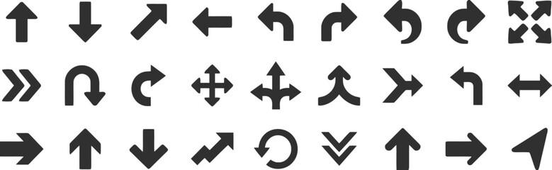 Collection of different arrow icons for way direction and navigation concept of motion forward backward sign symbols