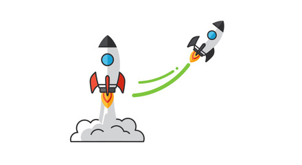 Two cartoon rockets launch into the sky, one leaving a trail of smoke and flames, symbolizing progress and new beginnings.