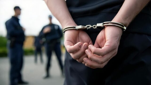 Arrested person in handcuffs with police officers in the background on a street, law enforcement action, crime scene investigation, criminal apprehension, public safety operation