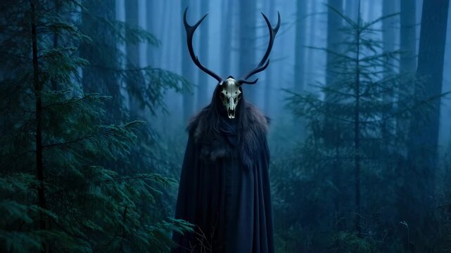 Wendigo spirit standing in dark haunted forest, mysterious horned figure cloaked in fur, ancient pagan entity surrounded by fog, symbol of primal fear, occult legend, ritual and supernatural energy