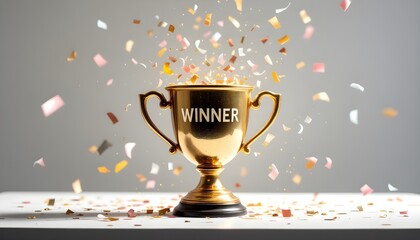 Golden winner trophy with confetti celebrating victory, achievement, success, and recognition in competition or business accomplishment concept.