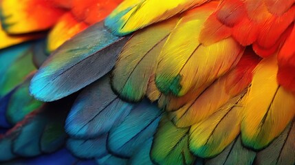Fototapeta premium Multi-colored feathers, close-up feather, background texture, abstract, created using generative AI tools, suitable for texture, fashion, or nature-inspired designs.
