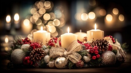 Christmas candle centerpiece with glowing pillar candles and festive red decorations